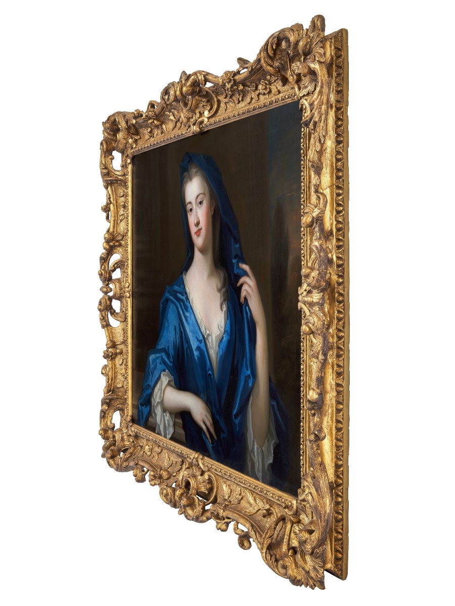 Portrait Of Elizabeth Rooper, Lady Dryden In A Blue Wrap, Exceptional Carved Frame C.1725-30-photo-4