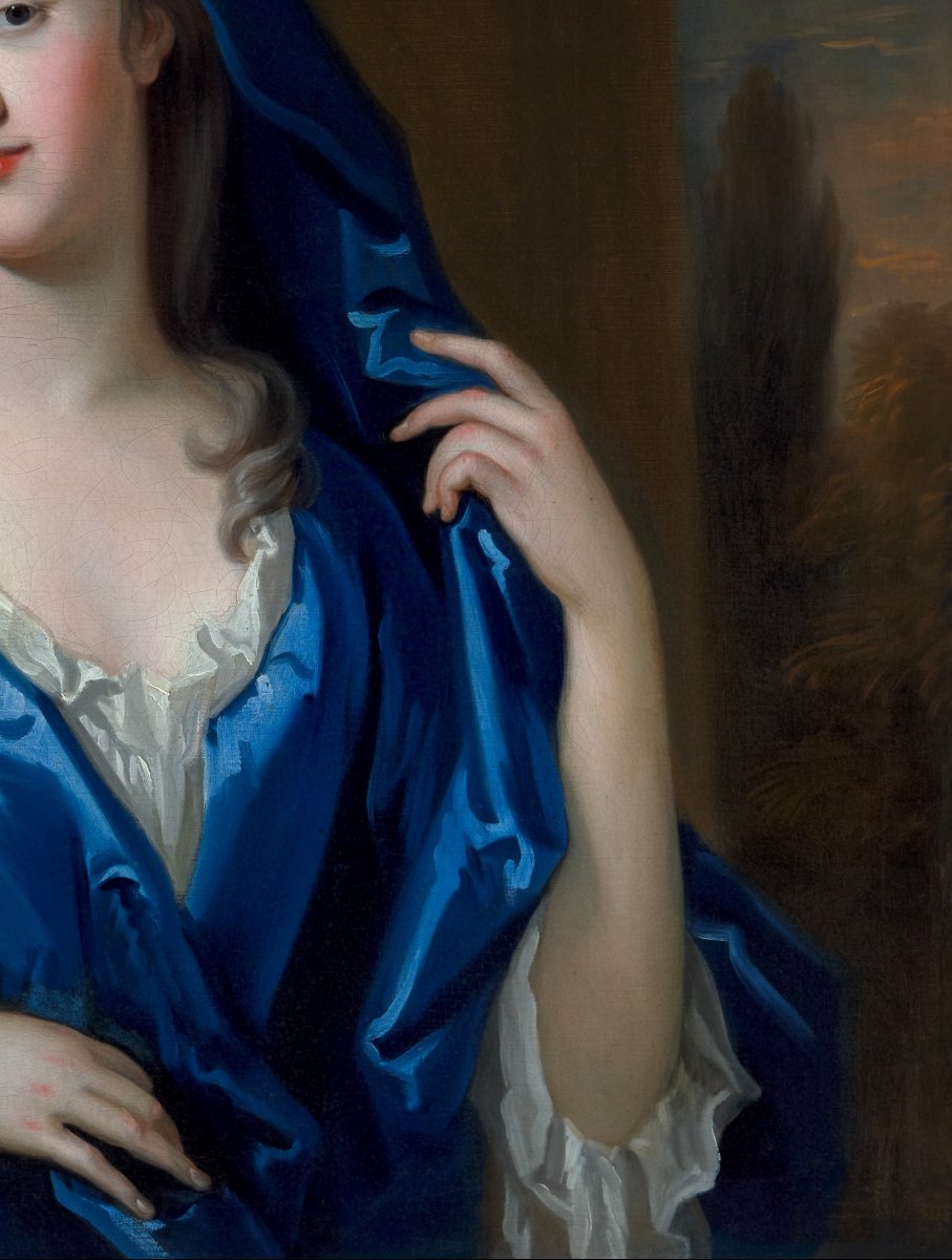 Portrait Of Elizabeth Rooper, Lady Dryden In A Blue Wrap, Exceptional Carved Frame C.1725-30-photo-4