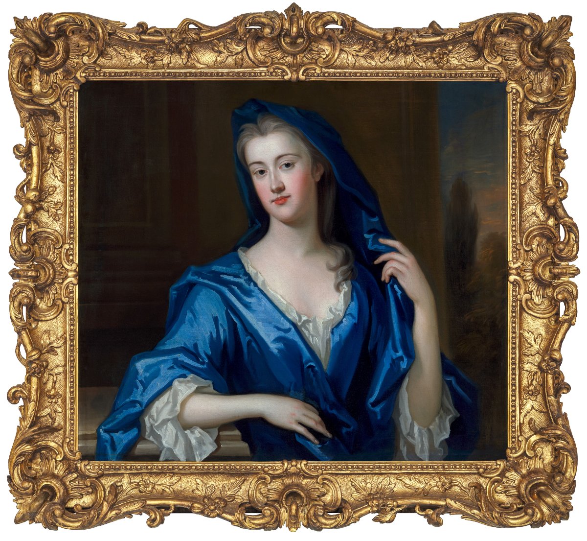Portrait Of Elizabeth Rooper, Lady Dryden In A Blue Wrap, Exceptional Carved Frame C.1725-30