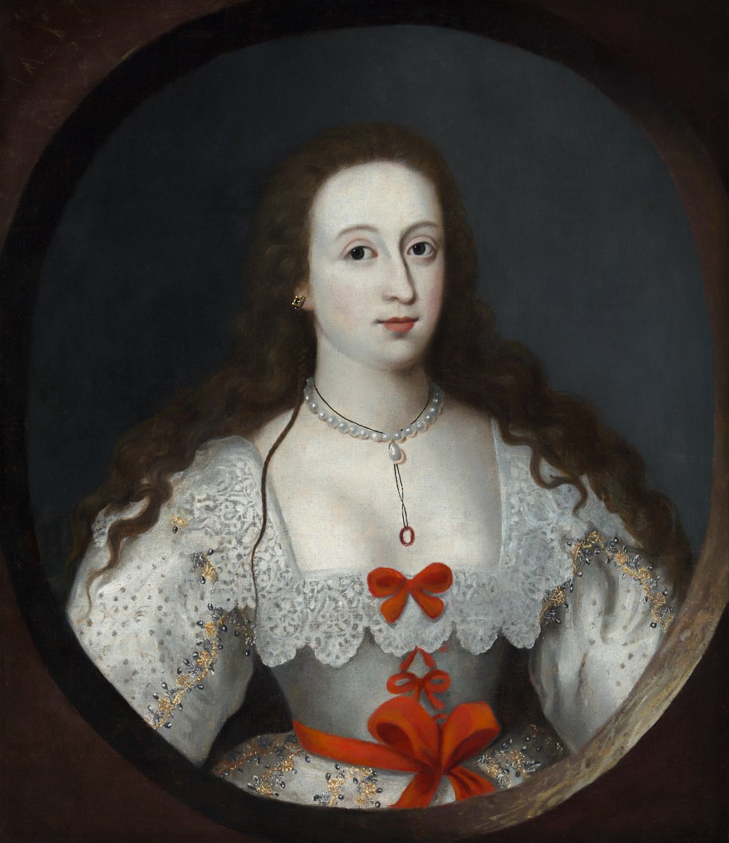 Portrait Of A Lady With Long Hair, White Dress With Red Bows C.1620–1630 Oil On Canvas Painting-photo-2
