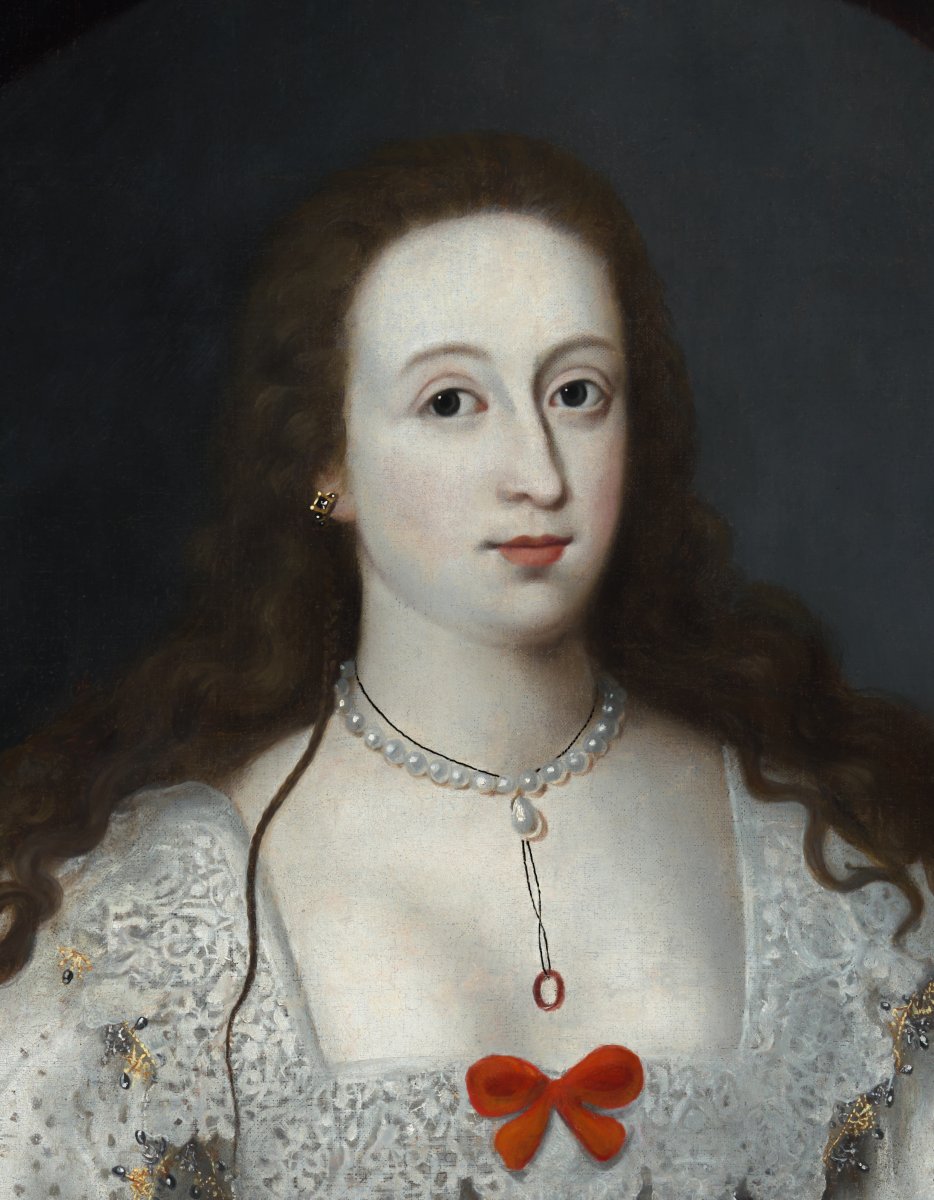 Portrait Of A Lady With Long Hair, White Dress With Red Bows C.1620–1630 Oil On Canvas Painting-photo-3
