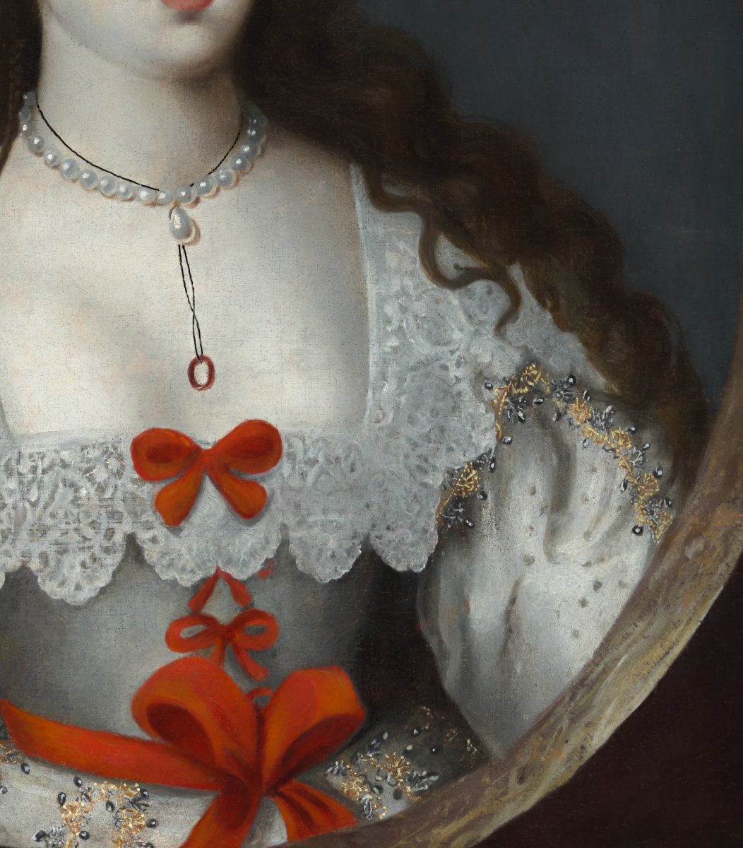 Portrait Of A Lady With Long Hair, White Dress With Red Bows C.1620–1630 Oil On Canvas Painting-photo-4