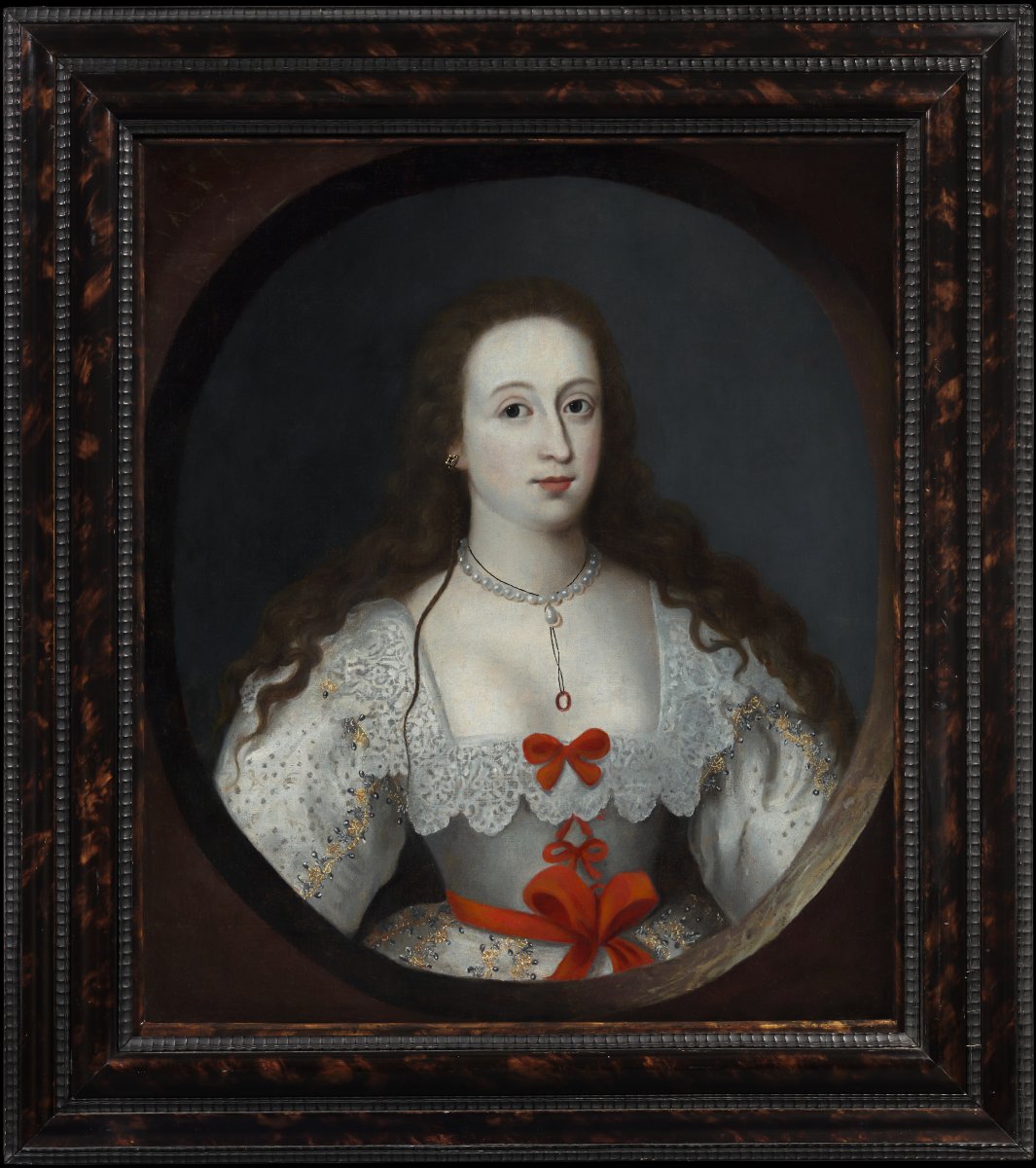 Portrait Of A Lady With Long Hair, White Dress With Red Bows C.1620–1630 Oil On Canvas Painting