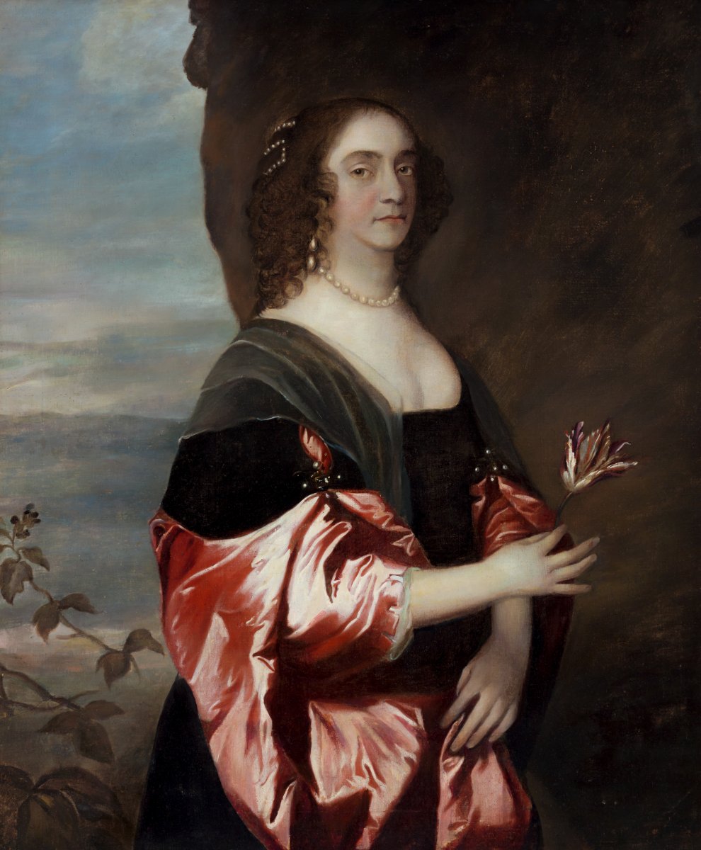 Grand portrait d’une dame en robe de satin rouge, tenant une tulipe exotique, vers 1660–1680-photo-2
