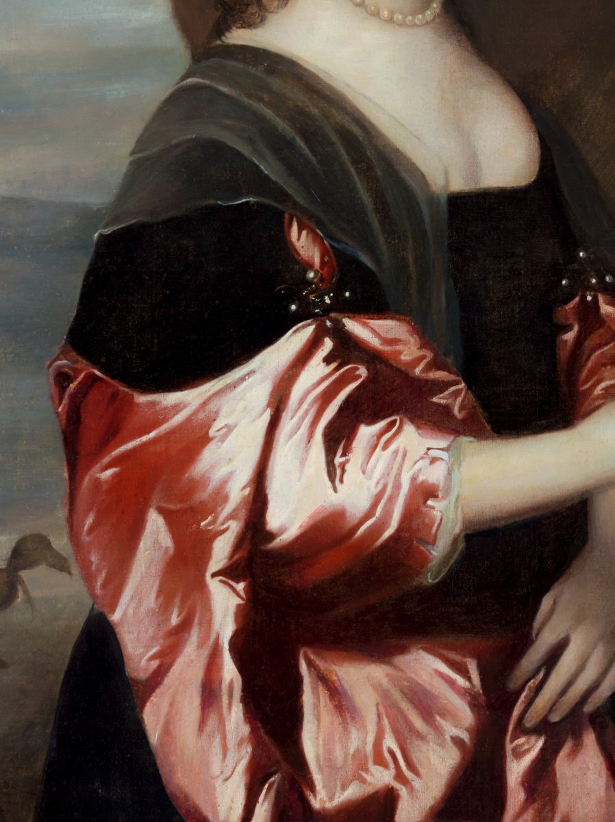 Grand portrait d’une dame en robe de satin rouge, tenant une tulipe exotique, vers 1660–1680-photo-4
