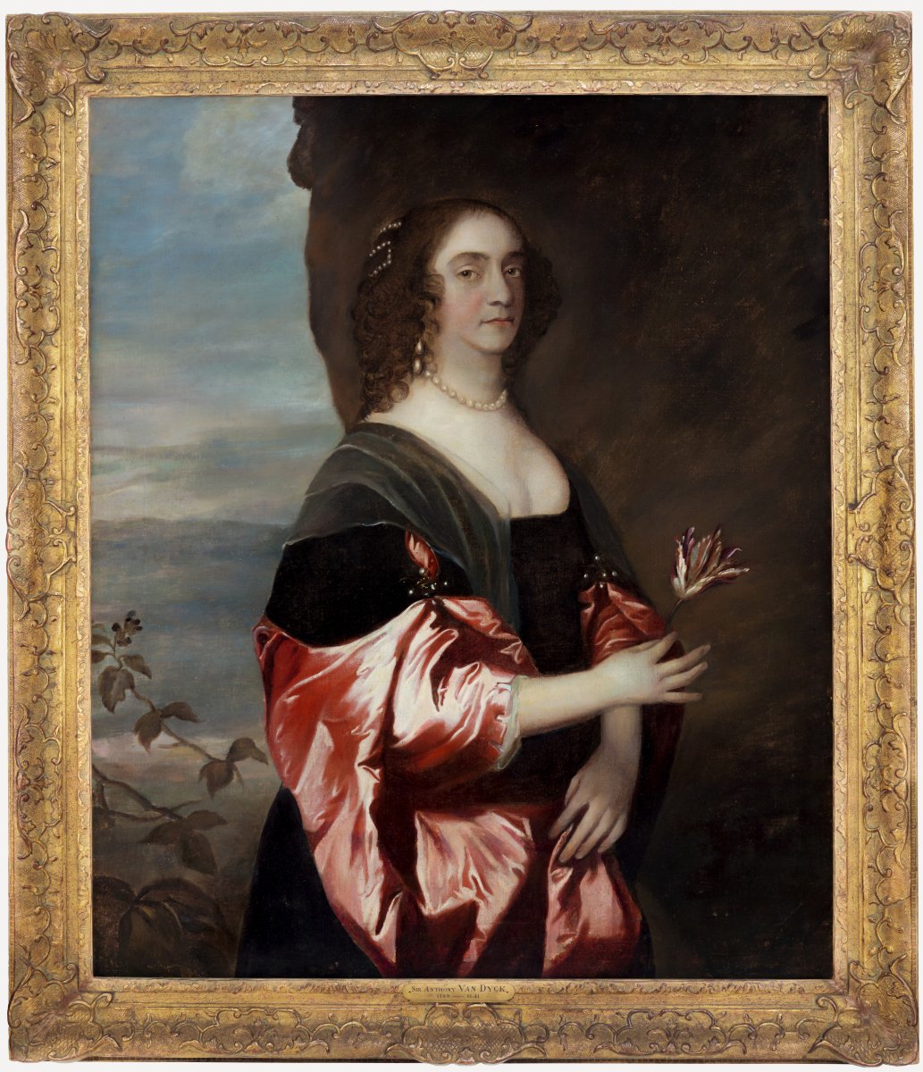 Grand portrait d’une dame en robe de satin rouge, tenant une tulipe exotique, vers 1660–1680