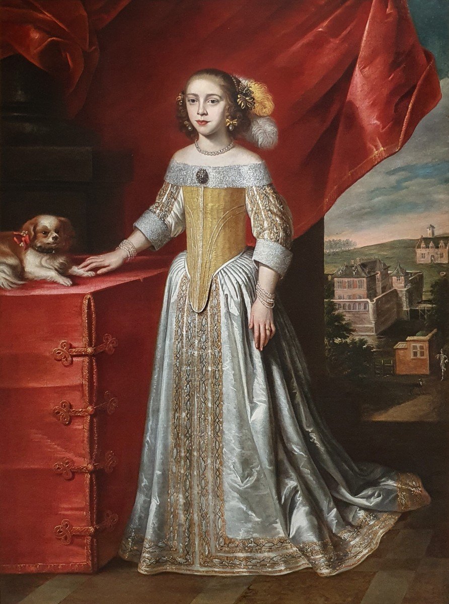 Portrait Of A Young Lady In An Interior With A Pet Dog, Circa 1650-60, Antique Oil Painting-photo-2