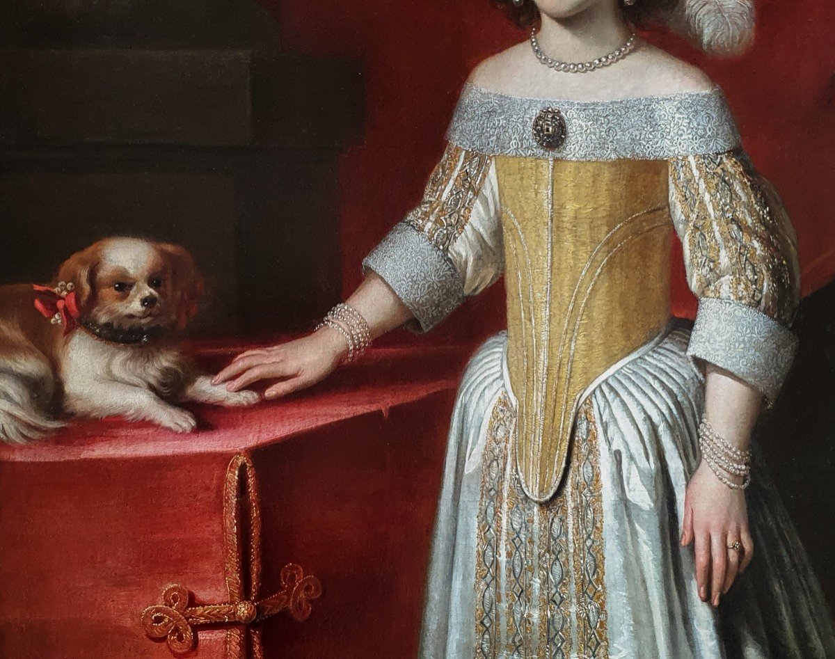 Portrait Of A Young Lady In An Interior With A Pet Dog, Circa 1650-60, Antique Oil Painting-photo-1