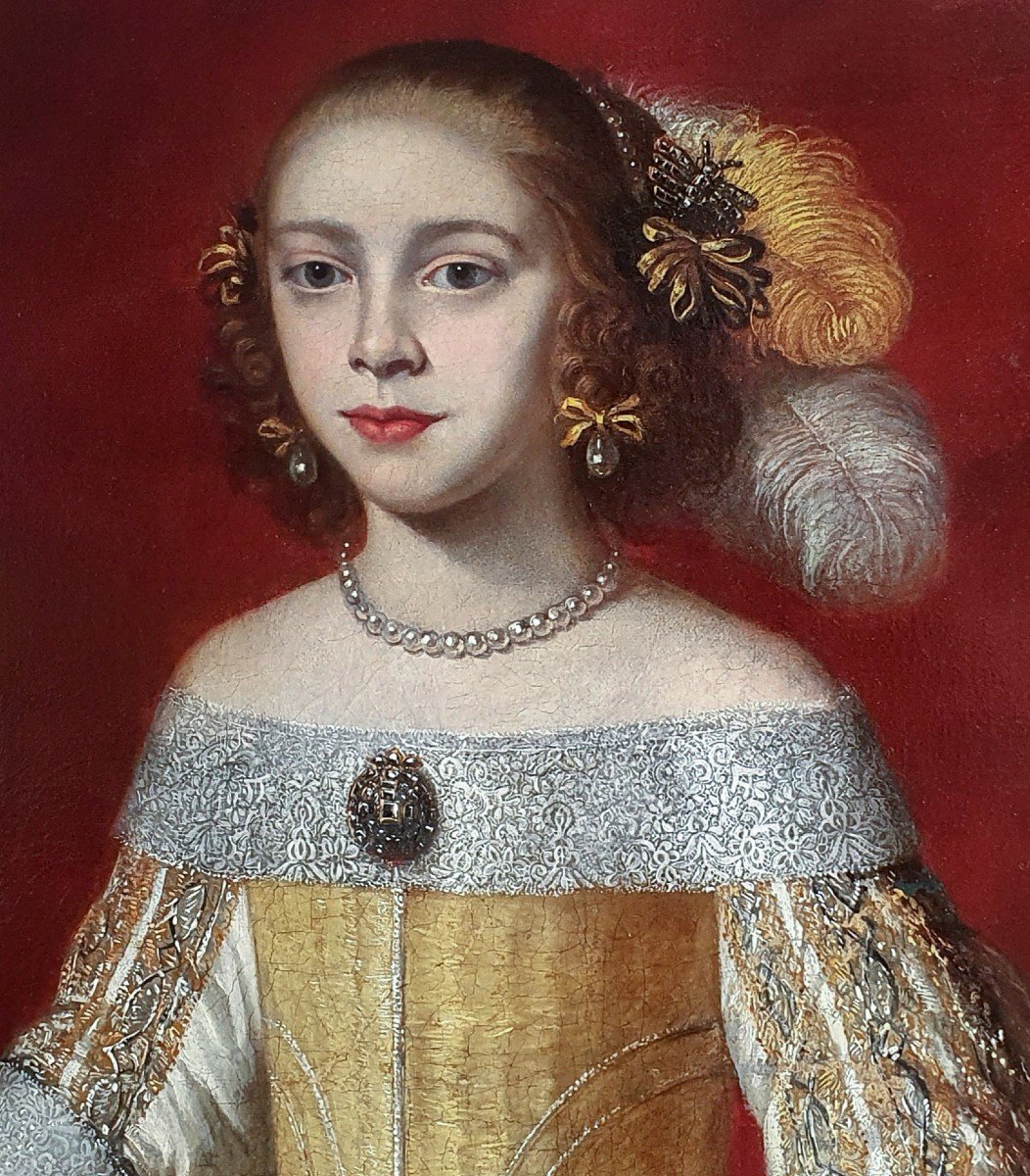 Portrait Of A Young Lady In An Interior With A Pet Dog, Circa 1650-60, Antique Oil Painting-photo-2