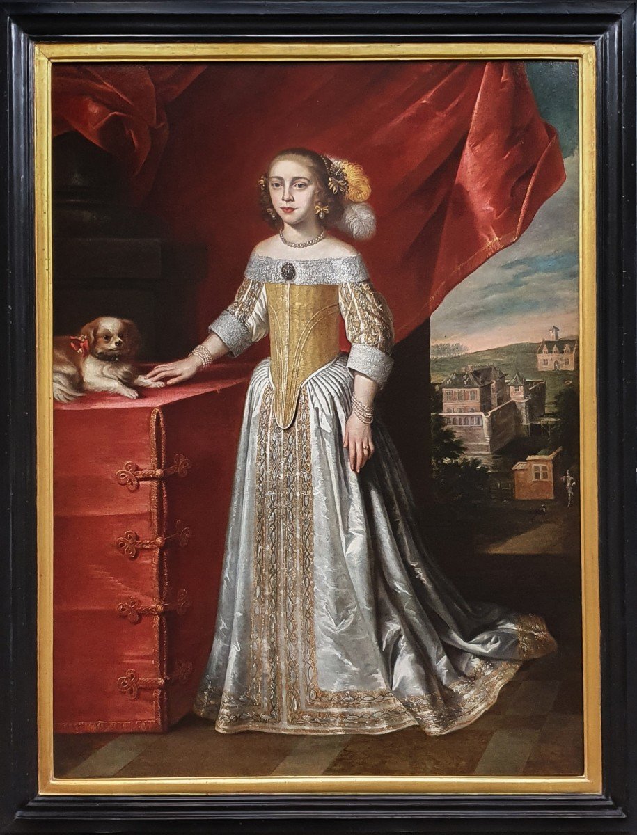 Portrait Of A Young Lady In An Interior With A Pet Dog, Circa 1650-60, Antique Oil Painting