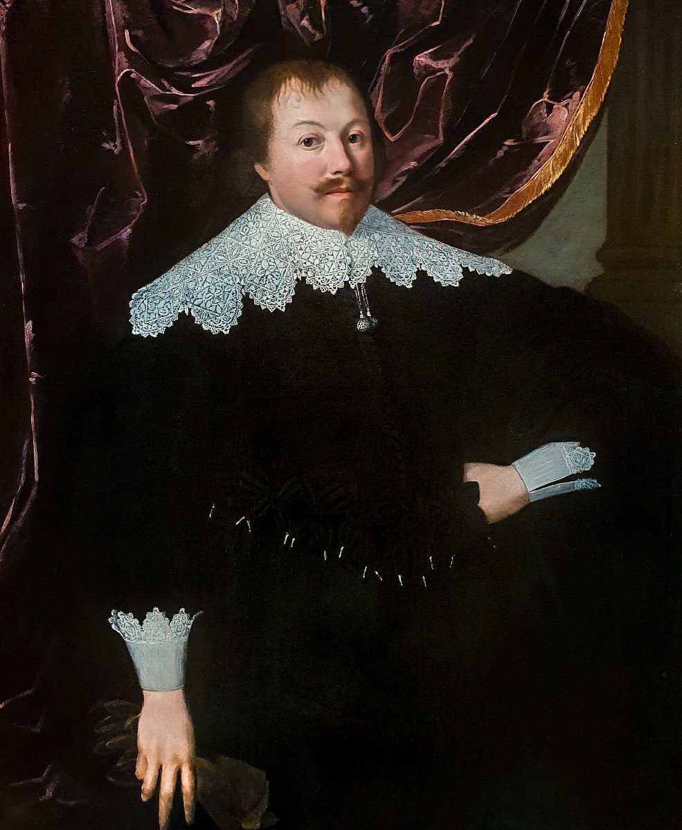 Portrait Of A Gentleman Holding A Pair Of Gloves, Circa 1630-1645; Beautiful Antique Frame-photo-2