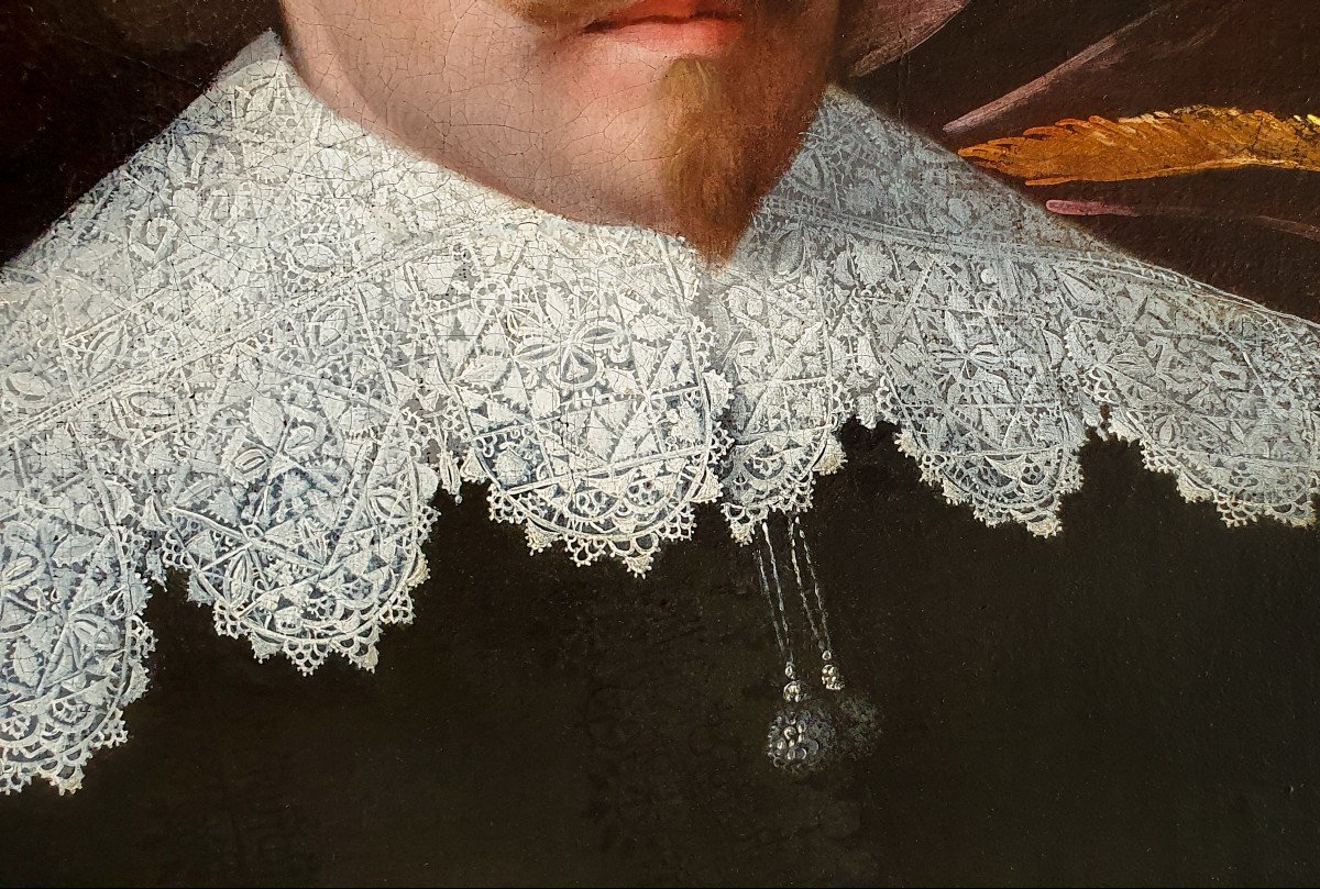 Portrait Of A Gentleman Holding A Pair Of Gloves, Circa 1630-1645; Beautiful Antique Frame-photo-2