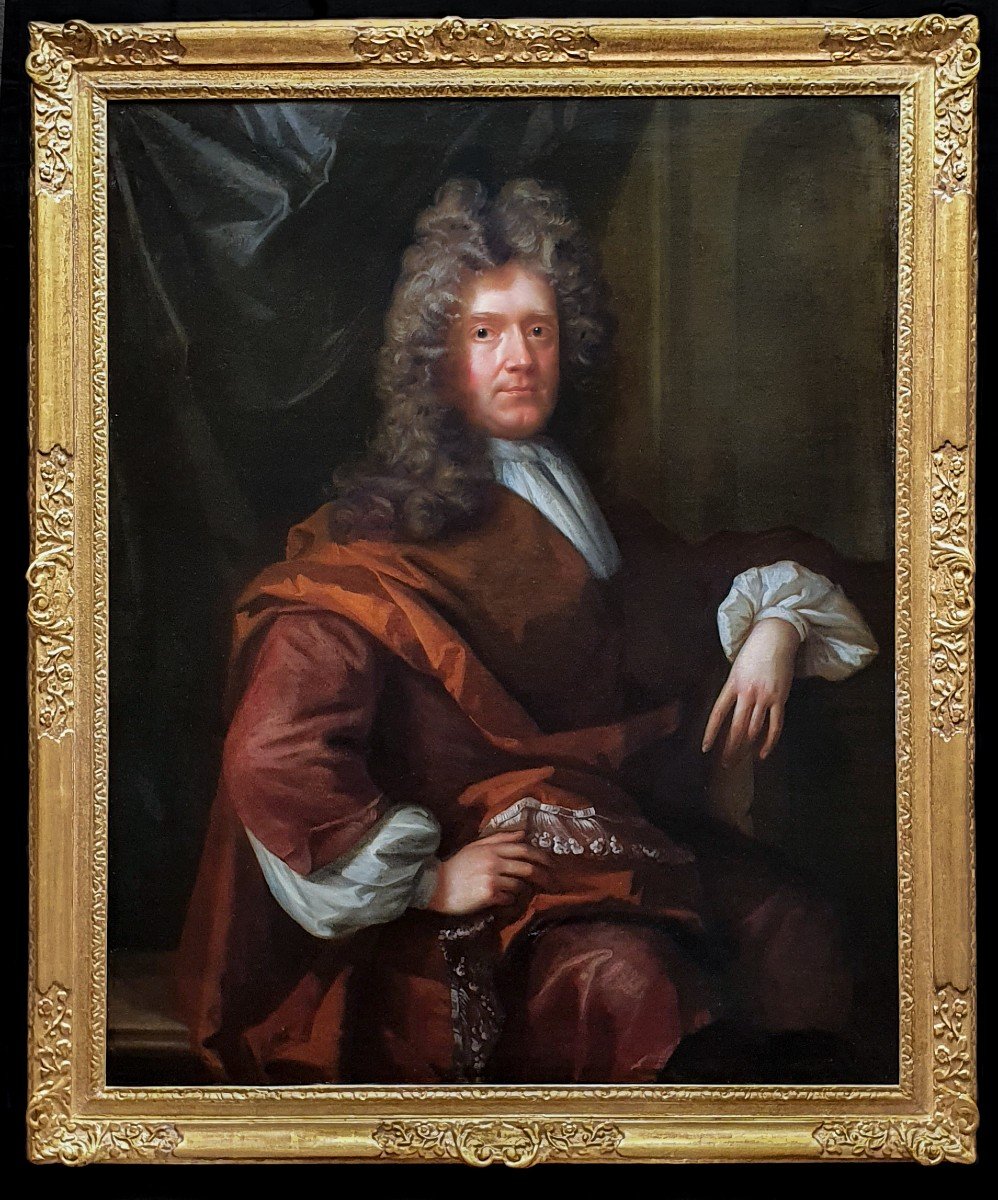 Vers 1695 Grand Portrait d'Un Gentleman, Peinture à l'Huile Ancienne 