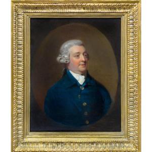 Fine English Portrait Of A Gentleman In A Blue Coat & Powdered Wig C.1775, Rare Oil On Panel 
