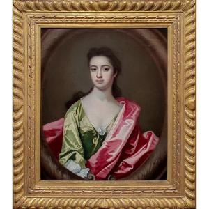 Portrait Of A Lady In A Green Silk Dress C.1710; Antique Oil On Canvas Painting
