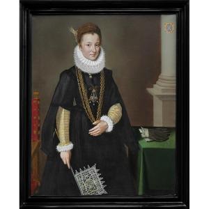 C.1595 Large Portrait Of A Lady With Lace Collar & Venetian Fan, Oil On Canvas Painting Pourbus