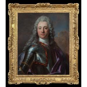 French Portrait Of A Gentleman Wearing Armor And Mauve Cloak C.1740, Louis Tocque Oil On Canvas