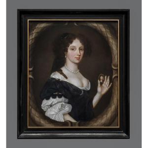 Portrait Of A Lady Holding A Portrait Miniature Of A Boy C.1673-80; Oil On Canvas