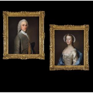 Portraits John Et d'Abigail Ramey Vers 1746 Peintures à l'Huile, Beaux Cadres Sculptés Et Dorés