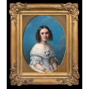 Portrait Signé d'Une Jeune Femme En Robe Blanche, Vers 1840, Huile Sur Toile
