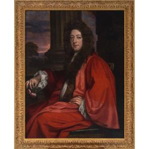 Portrait Gentleman In Scarlet Robe Holding Flowers C.1675 Attributed John Greenhill (c1642-1676