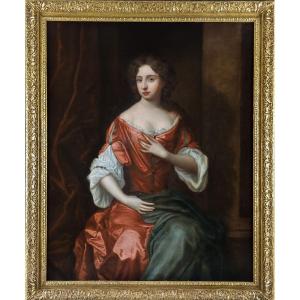 Portrait d'Une Dame En Robe Rouge Vers 1680, Provenance Du Manoir, Huile Antique Sur Toile