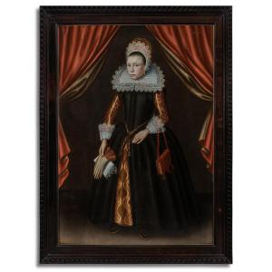 Old Dutch Master Portrait Lady In Black Dress, Lace Collar & Cuffs, Dated 1619, Oil On Panel