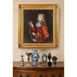 Portrait Of A Young Gentleman & Dog Vers 1680, Antique Oil On Canvas Painting, Mary Beale