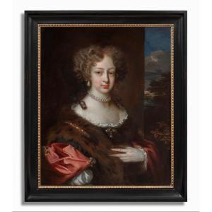 Portrait Of A Lady In Red Silk Dress And Fur C.1675, Dutch Old Master Oil On Canvas Painting