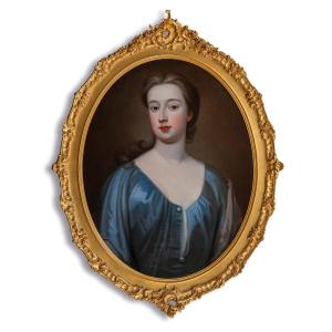 Portrait d'Une Dame élégante En Robe De Soie Bleue Vers 1720, Cadre Doré, Huile Sur Toile