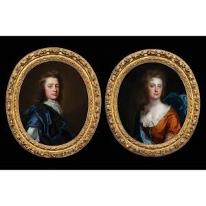 Portrait Of A Gentleman In A Blue Cloak & Portrait Of A Lady C.1697, Fine Carved Gilded Frames 