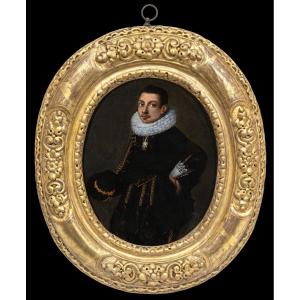 Portrait Of An Elizabethan Gentleman In Black Doublet & White Ruff C.1595; Hieronimo Custodis