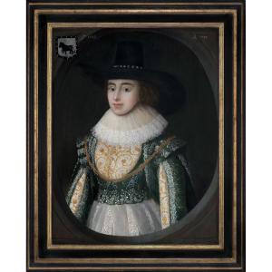 Portrait de Lady Elizabeth Wheeler en robe blanche et verte v.1623; Cornelius Johnson vers 1623