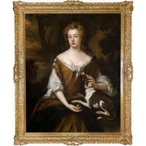 Portrait d'une femme élégante et son chien de compagnie, vers 1690–1700, huile sur toile