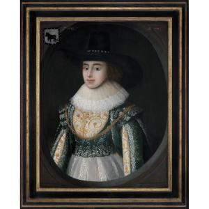 C. 1623 Portrait Of Lady Elizabeth Wheeler In A White & Green Dress; Cornelius Johnson