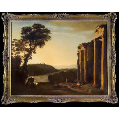 Capriccio With Figures In A Landscape, 18th Century Follower Of Claude Lorrain (c.1600-1682)