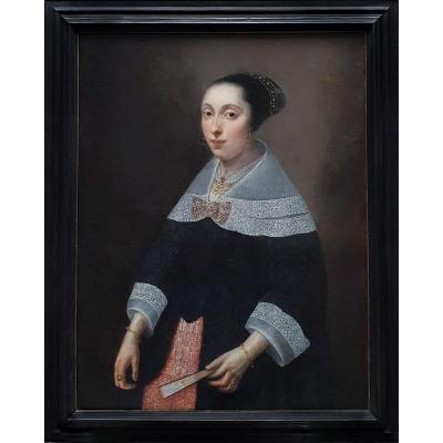 Portrait d'Une Dame à l'éventail Vers 1656, Peinture Ancienne