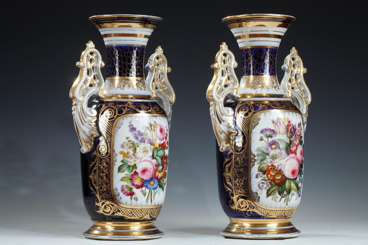 Paire de Vases fleuris en porcelaine de Valentine, France, circa 1860-photo-4