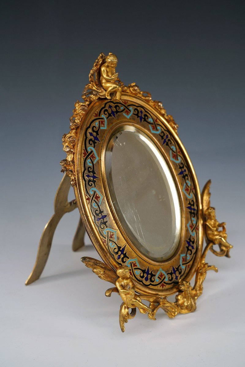 Miroir En Bronze Doré Et Email Champlevé Attr. à Giroux, France, C. 1880-photo-2