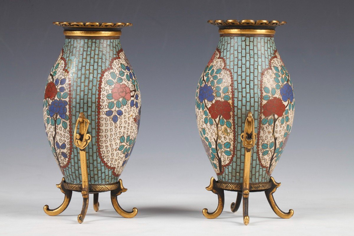 Paire de petits Vases en émail Cloisonné par F. Barbedienne, France, circa 1880-photo-4