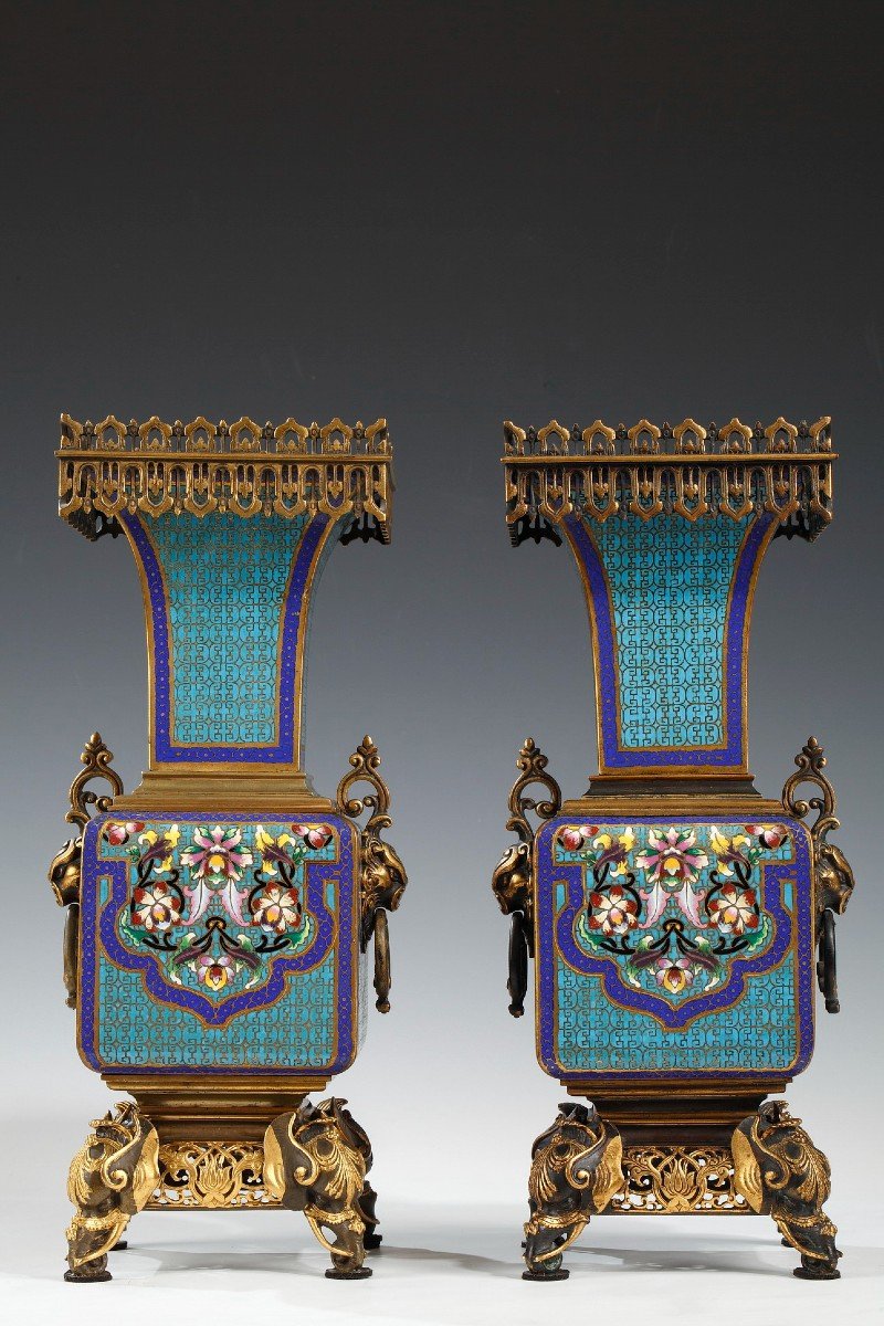 Pair Of Cloisonne Enamel Vases Attributed To A. Giroux, France, Circa 1860-photo-2