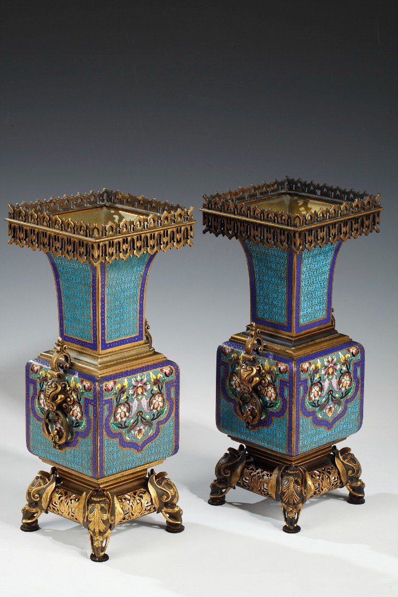 Pair Of Cloisonne Enamel Vases Attributed To A. Giroux, France, Circa 1860-photo-3