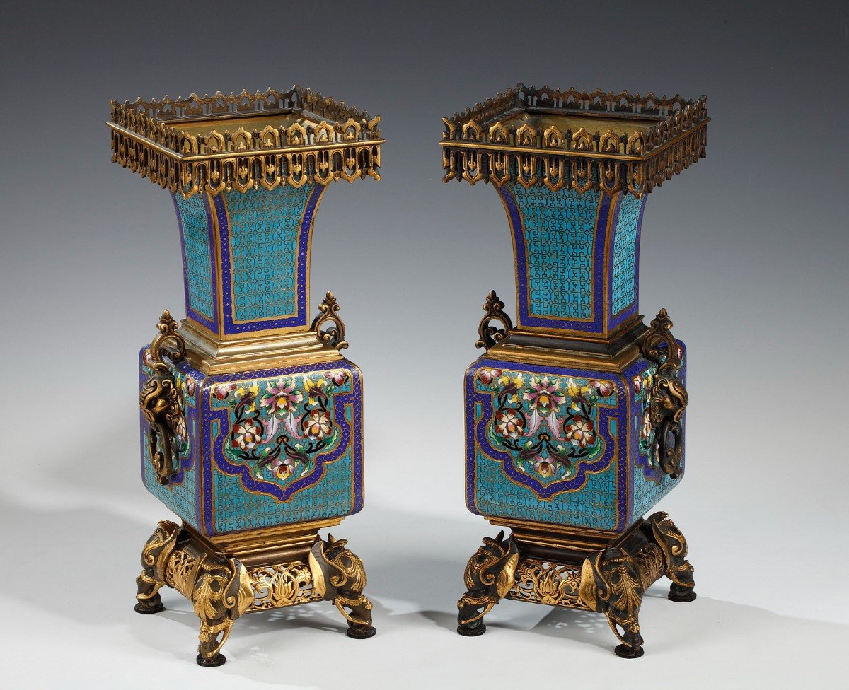 Pair Of Cloisonne Enamel Vases Attributed To A. Giroux, France, Circa 1860