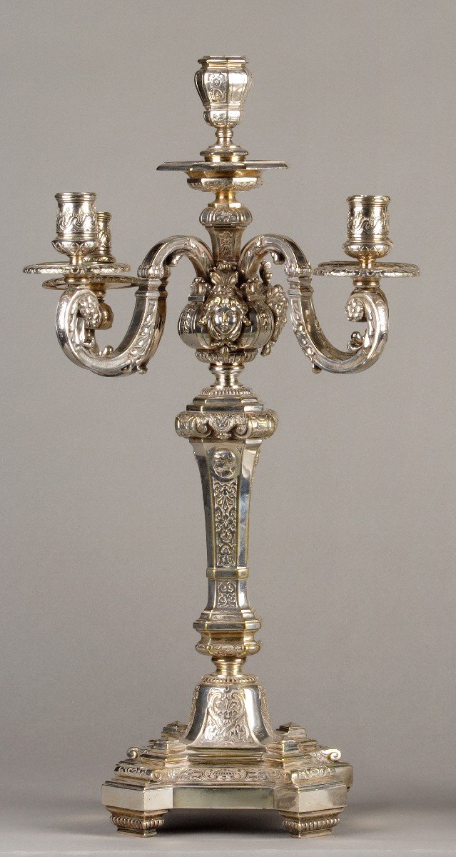 Pair Of Louis XIV Style Silvered Bronze Candelabras, France, Circa 1880-photo-4