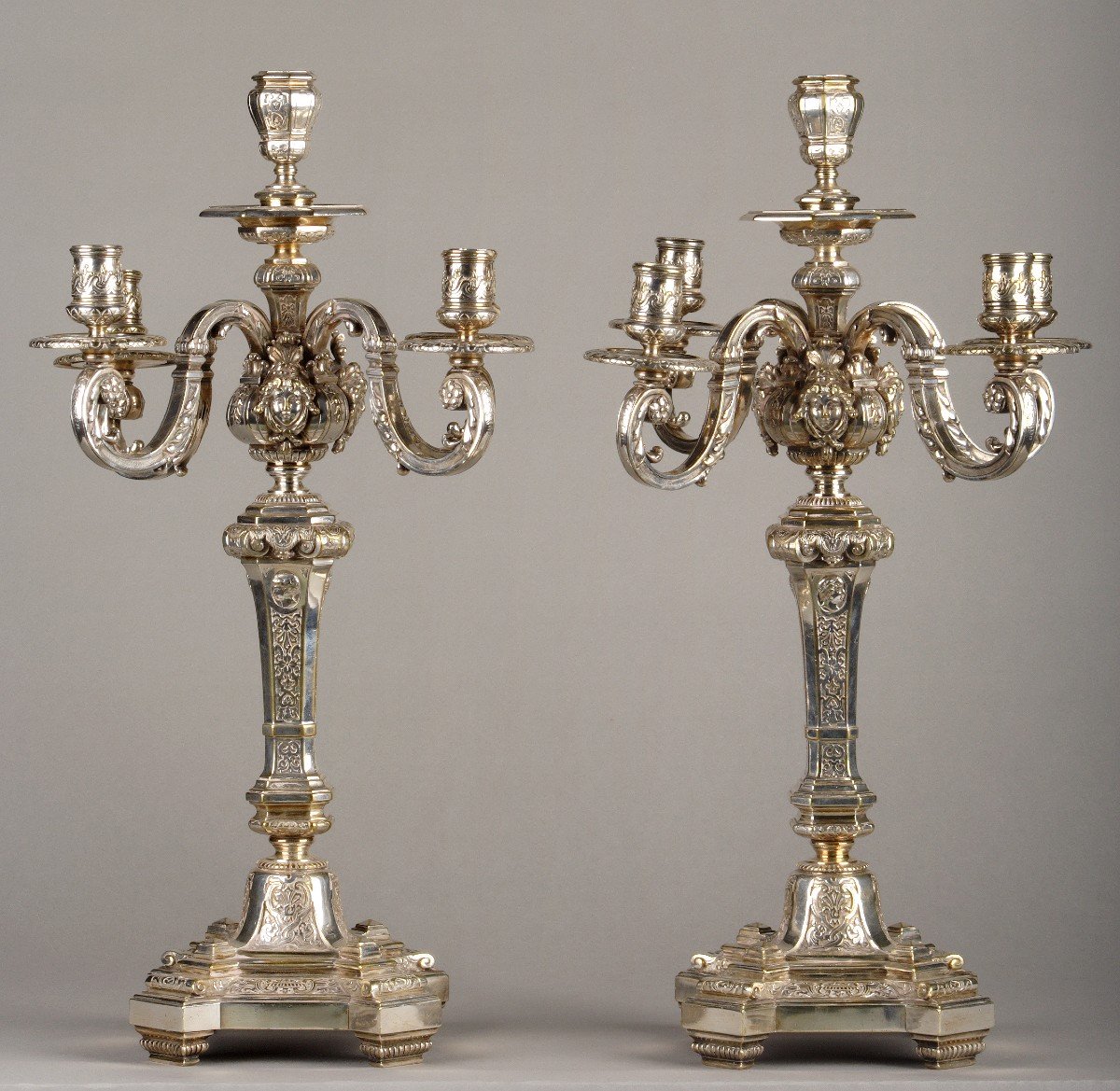 Pair Of Louis XIV Style Silvered Bronze Candelabras, France, Circa 1880
