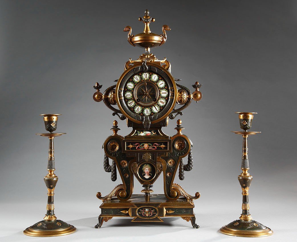 Neo-greek Clock Set By H. Houdebine, France, Circa 1867