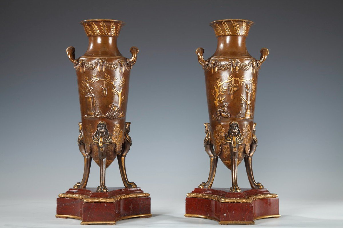 Pair Of Neo-greeks Amphoras, F. Levillain And F. Barbedienne, France Circa 1880-photo-2