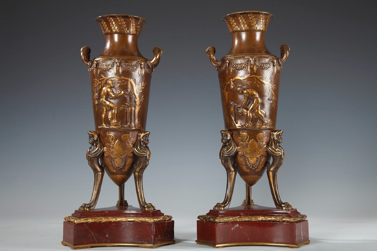 Pair Of Neo-greeks Amphoras, F. Levillain And F. Barbedienne, France Circa 1880