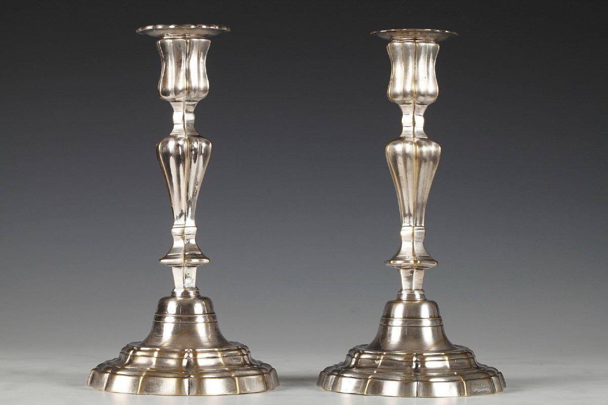 Pair Of Silvered Bronze Candlesticks, France, 18th Century