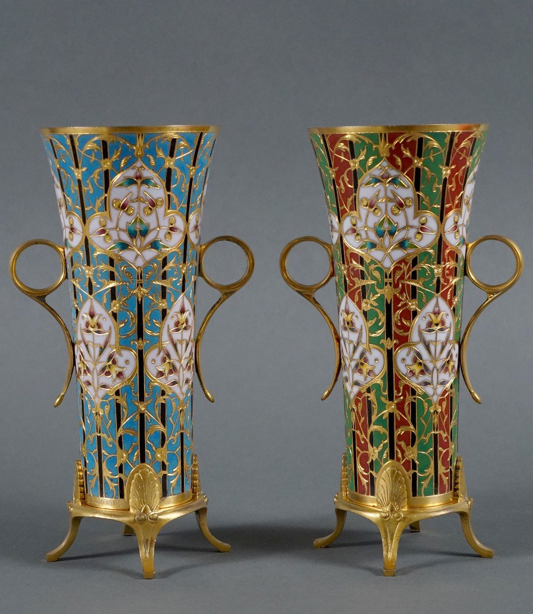 Pair Of Trumpet Shaped  Byzantine Vases, L.c. Sevin & F. Barbedienne, France, Circa 1880-photo-2